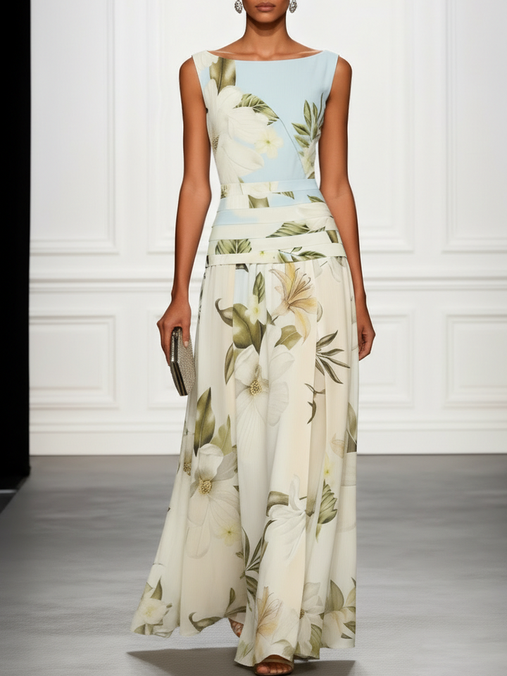 Elegant women's floral maxi dress with boat neck and A-line silhouette, perfect for wedding guests.
