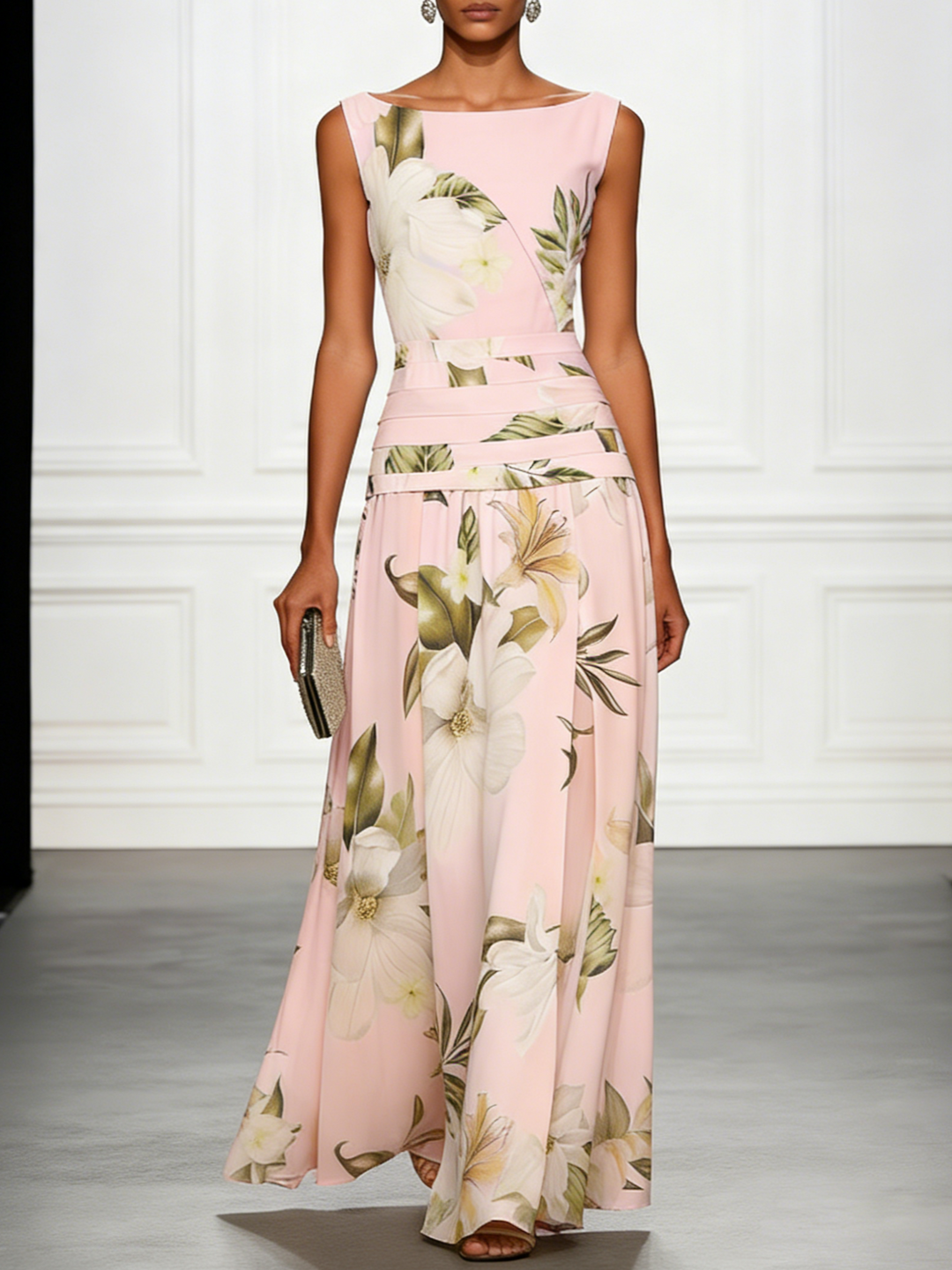 Versatile women's floral maxi dress, boat neck A-line style, perfect formal or party dress for summer.