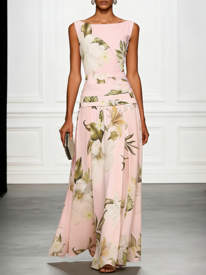 Versatile women's floral maxi dress, boat neck A-line style, perfect formal or party dress for summer.