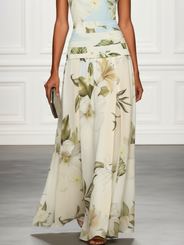 A-line boat neck maxi dress for women, elegant floral pattern, suitable as a wedding guest outfit.