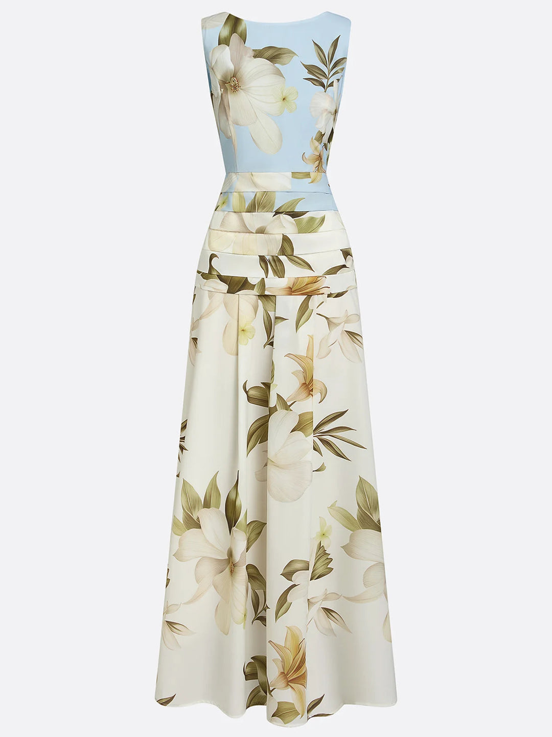 Formal floral maxi dress with boat neck, an elegant A-line silhouette perfect for women attending weddings.