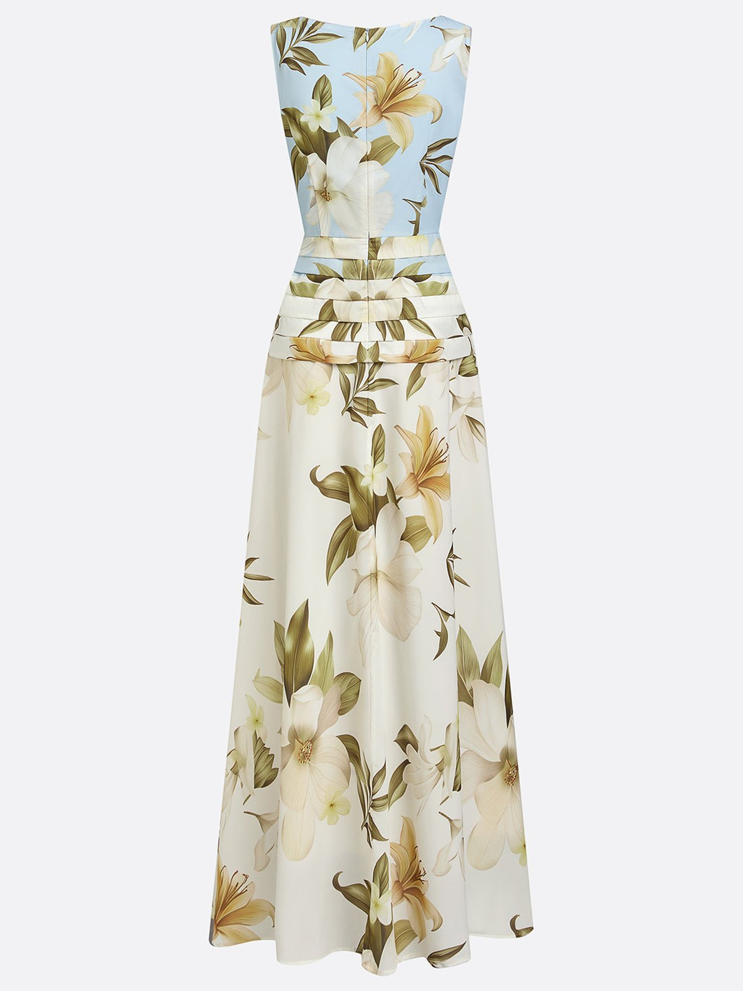 Flowy women's floral maxi dress, elegant boat neck design, A-line cut for comfortable summer events.
