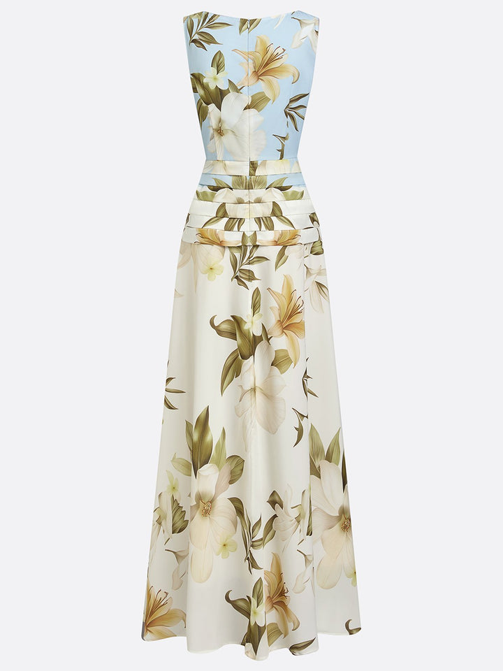 Flowy women's floral maxi dress, elegant boat neck design, A-line cut for comfortable summer events.