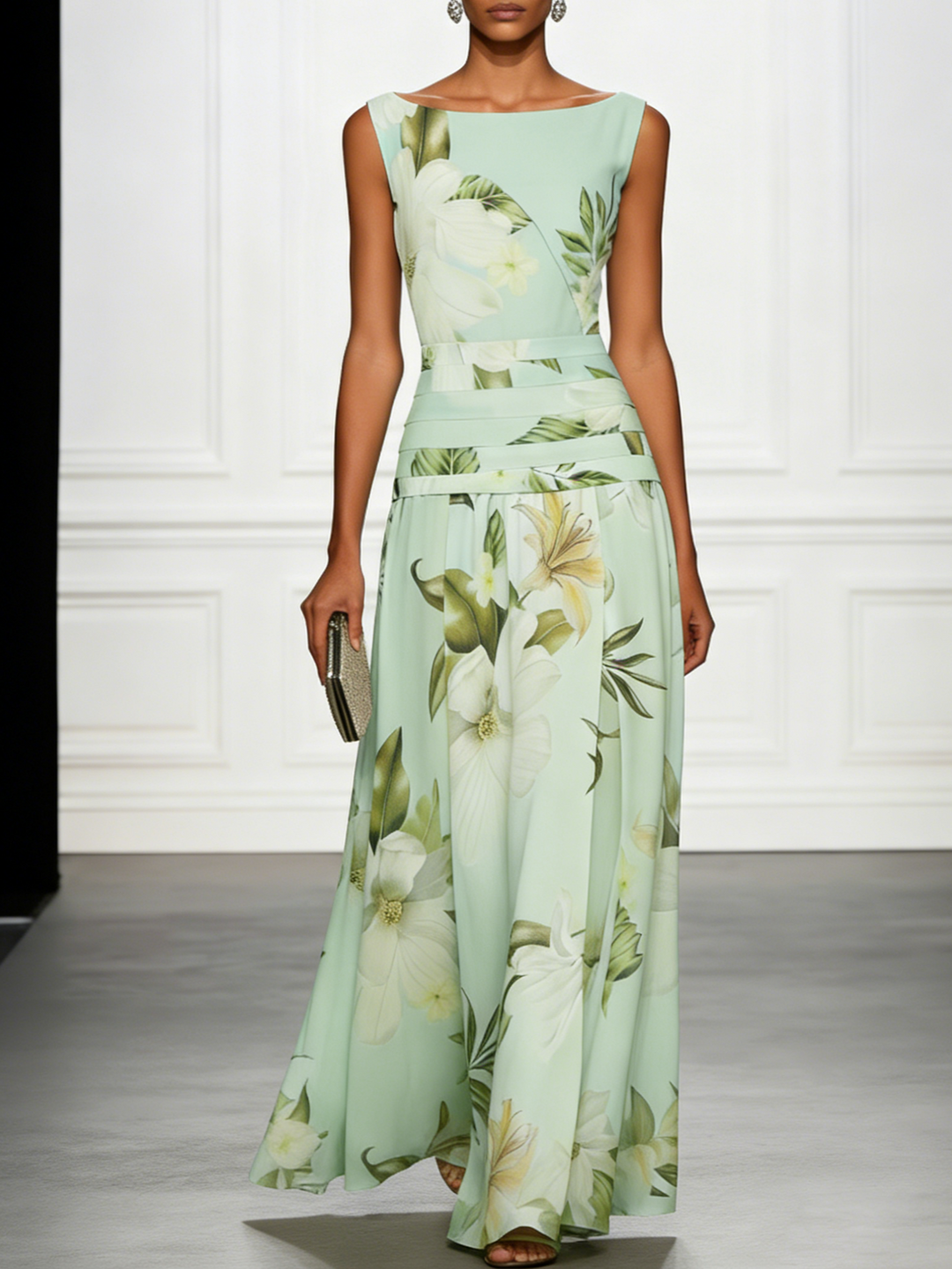 Detailed floral print on an elegant women's maxi dress, A-line, boat neck design for formal occasions.
