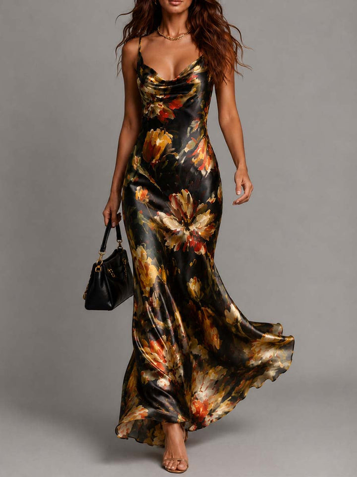 Elegant women's floral maxi dress with cowl neck and delicate spaghetti straps, perfect for evening or party wear.
