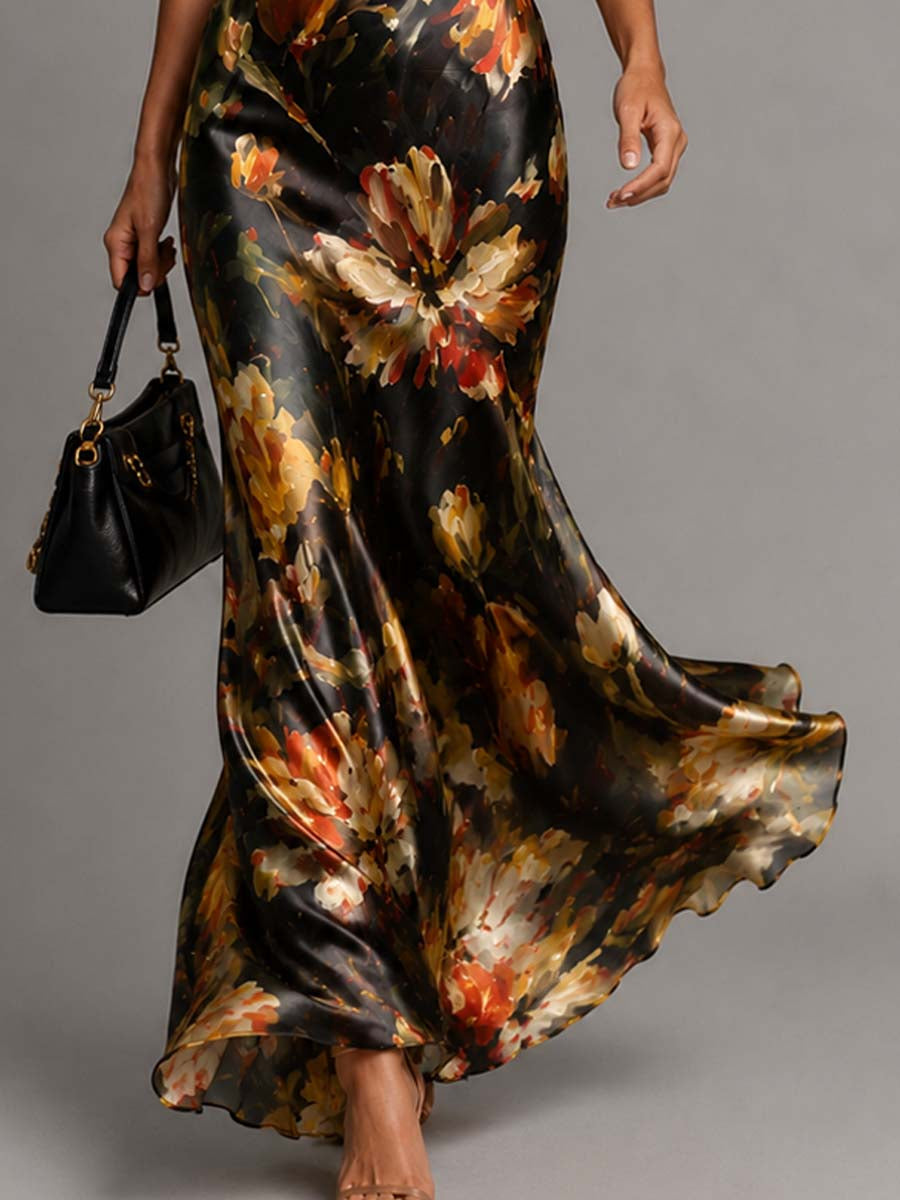 Romantic bias-cut floral maxi dress for women, featuring a flattering cowl neck and thin spaghetti straps for formal events.