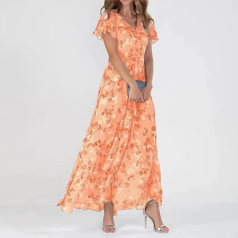 Elegant women's floral maxi dress with flutter sleeves and a V-neck, perfect for summer parties.