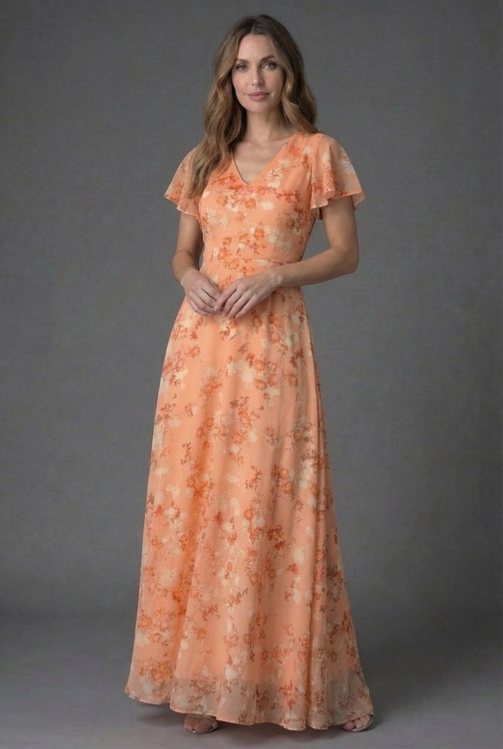 Elegant women's floral maxi dress with flutter sleeves & V-neck, perfect for summer parties or wedding guests.