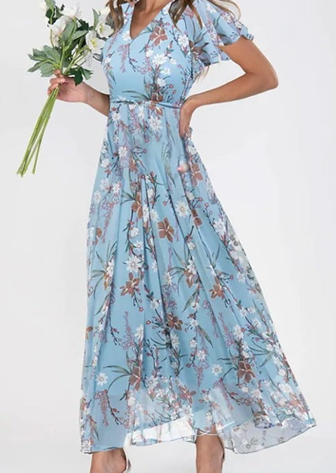 Flowy floral maxi dress for women, ideal for casual wear, spring brunch, or elegant evening events.