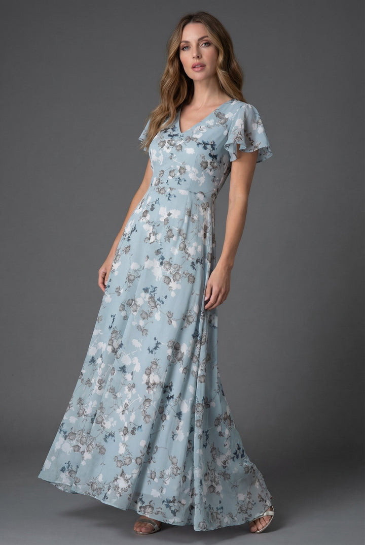 Vibrant floral maxi dress for women, featuring elegant flutter sleeves and V-neck. Perfect summer party or formal wear.