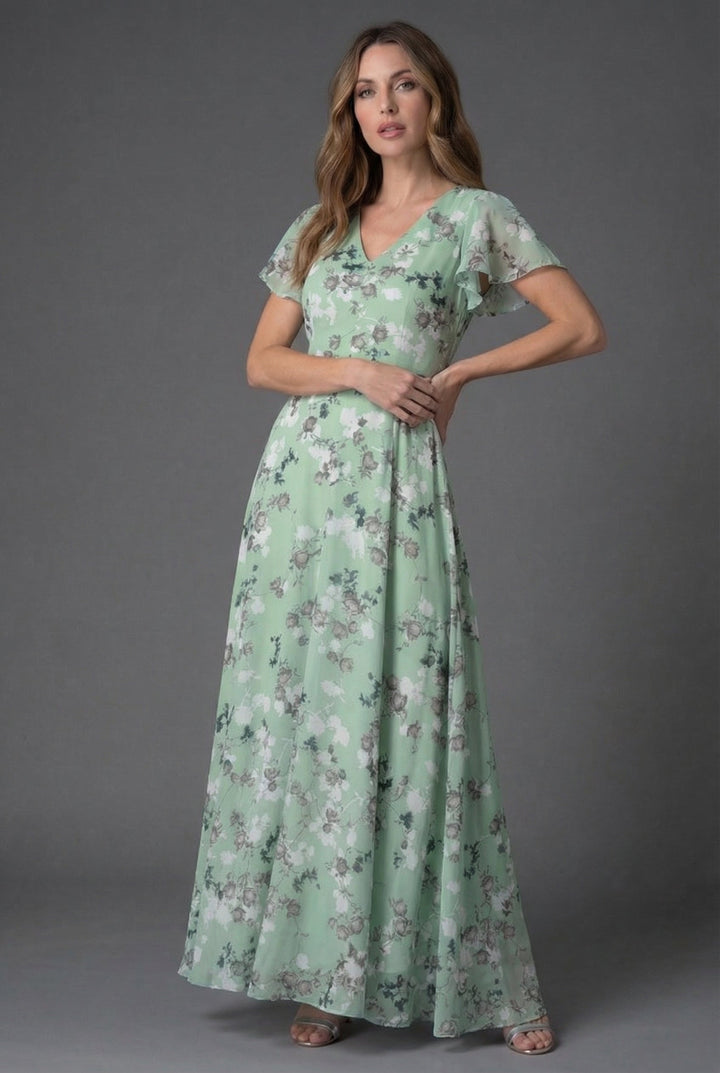Gorgeous women's floral maxi dress with flutter sleeves & V-neckline. An elegant choice for special occasions & formal events.