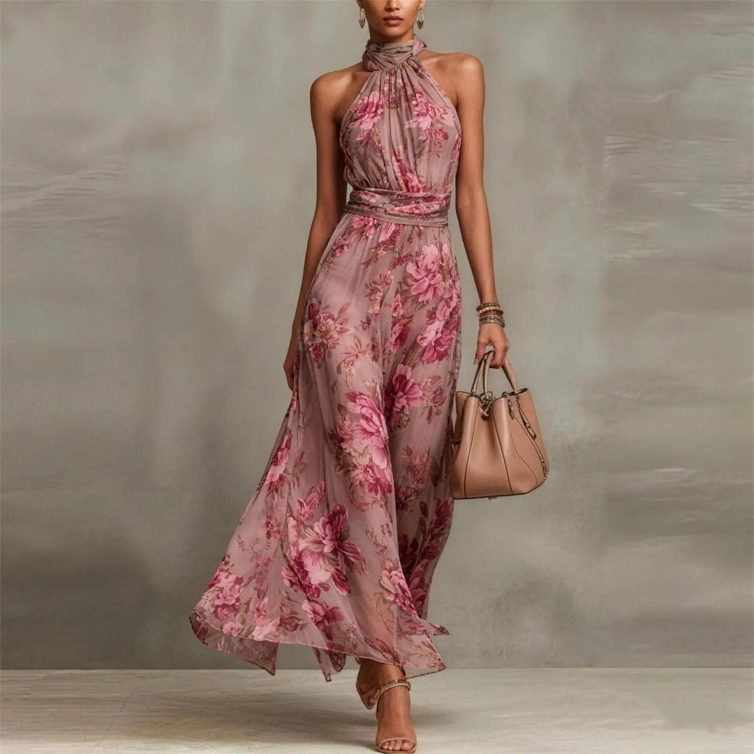 Elegant women's floral maxi dress with halter neck & ruched waist, perfect for wedding guests or parties.