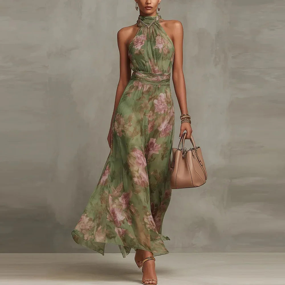 Sleeveless floral print maxi dress for women, featuring a chic halter neckline and flattering ruched waist.