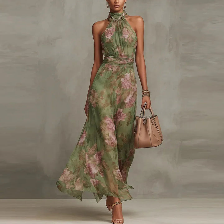 Sleeveless floral print maxi dress for women, featuring a chic halter neckline and flattering ruched waist.