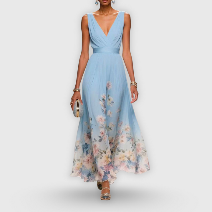 Elegant women's floral maxi dress with V-neck, sleeveless design. Perfect for formal events & garden parties.