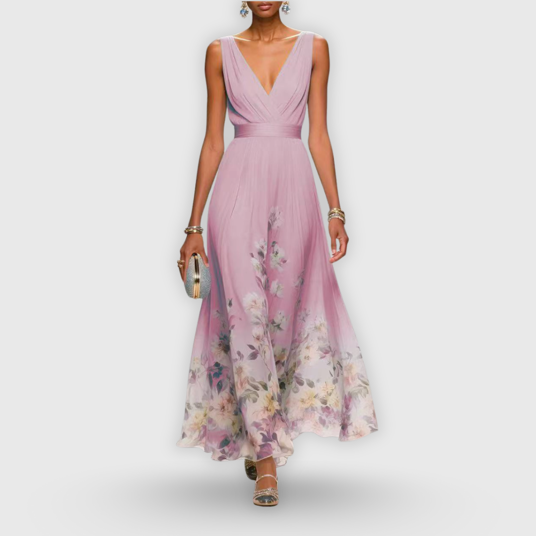 Sophisticated sleeveless V-neck A-line maxi dress for women, featuring a beautiful floral pattern. Ideal for parties.