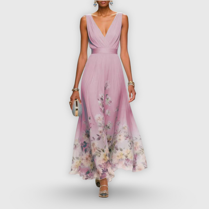 Sophisticated sleeveless V-neck A-line maxi dress for women, featuring a beautiful floral pattern. Ideal for parties.