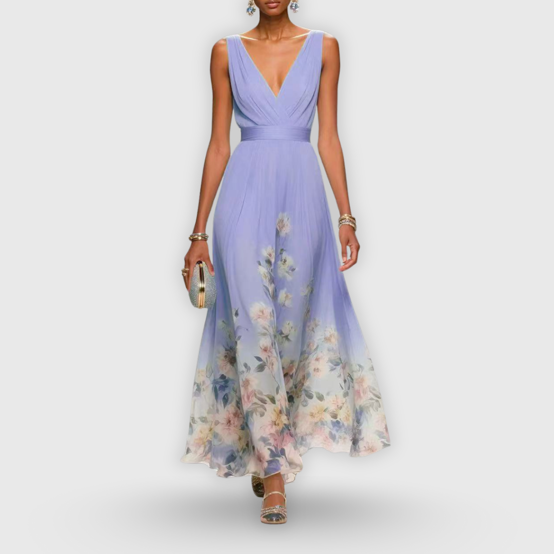 Flowy long floral maxi dress for women with an elegant V-neck and sleeveless cut, great for special occasions.