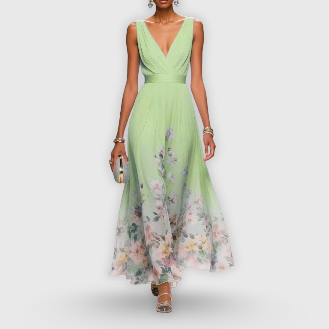 Chic women's V-neck sleeveless floral maxi dress, an elegant A-line gown perfect for any formal party or event.