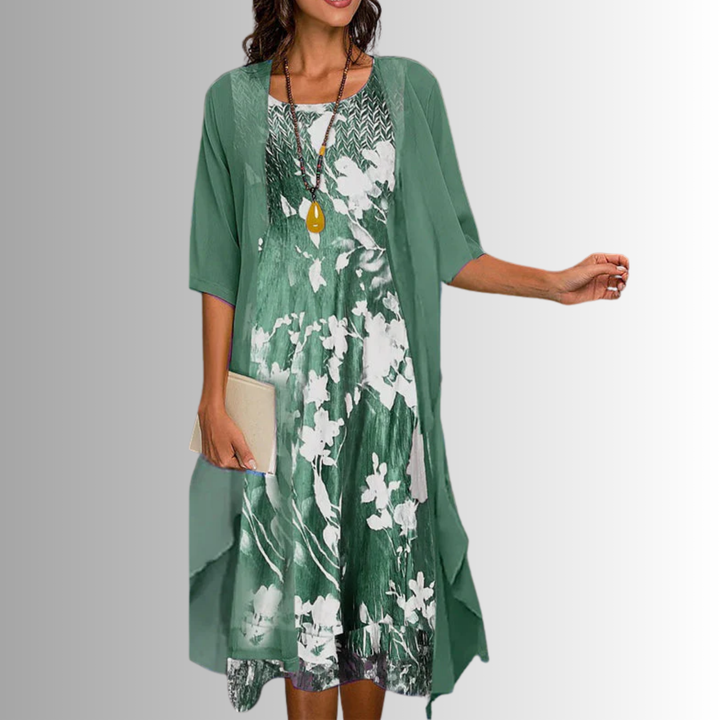 Elegant women's floral midi dress & matching cardigan 2-piece set for spring & summer. Perfect for parties.