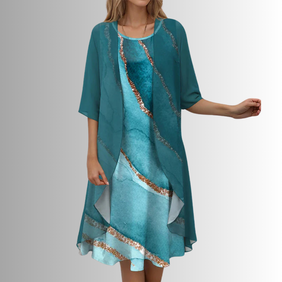 Women's comfortable floral midi dress with a stylish cardigan, a versatile 2-piece set for spring fashion.