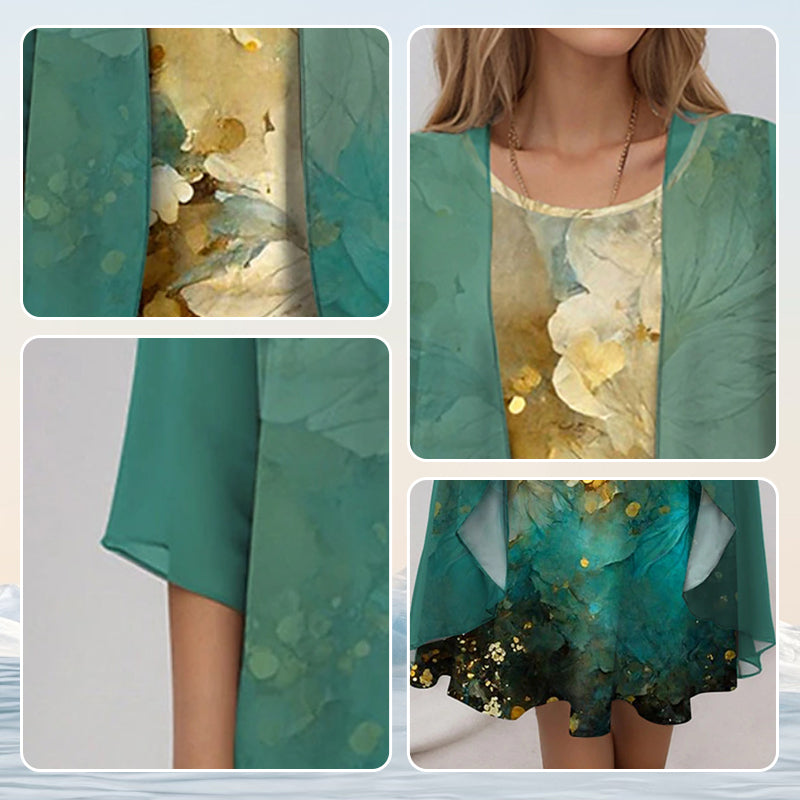 Stylish women's floral midi dress with cardigan. This elegant 2-piece set is perfect for parties & vacations.