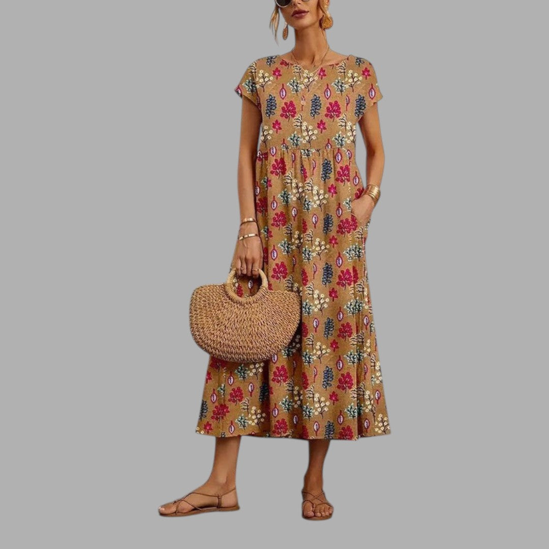 Elegant women's floral midi dress, perfect for parties & special occasions. Chic semi-formal summer attire.