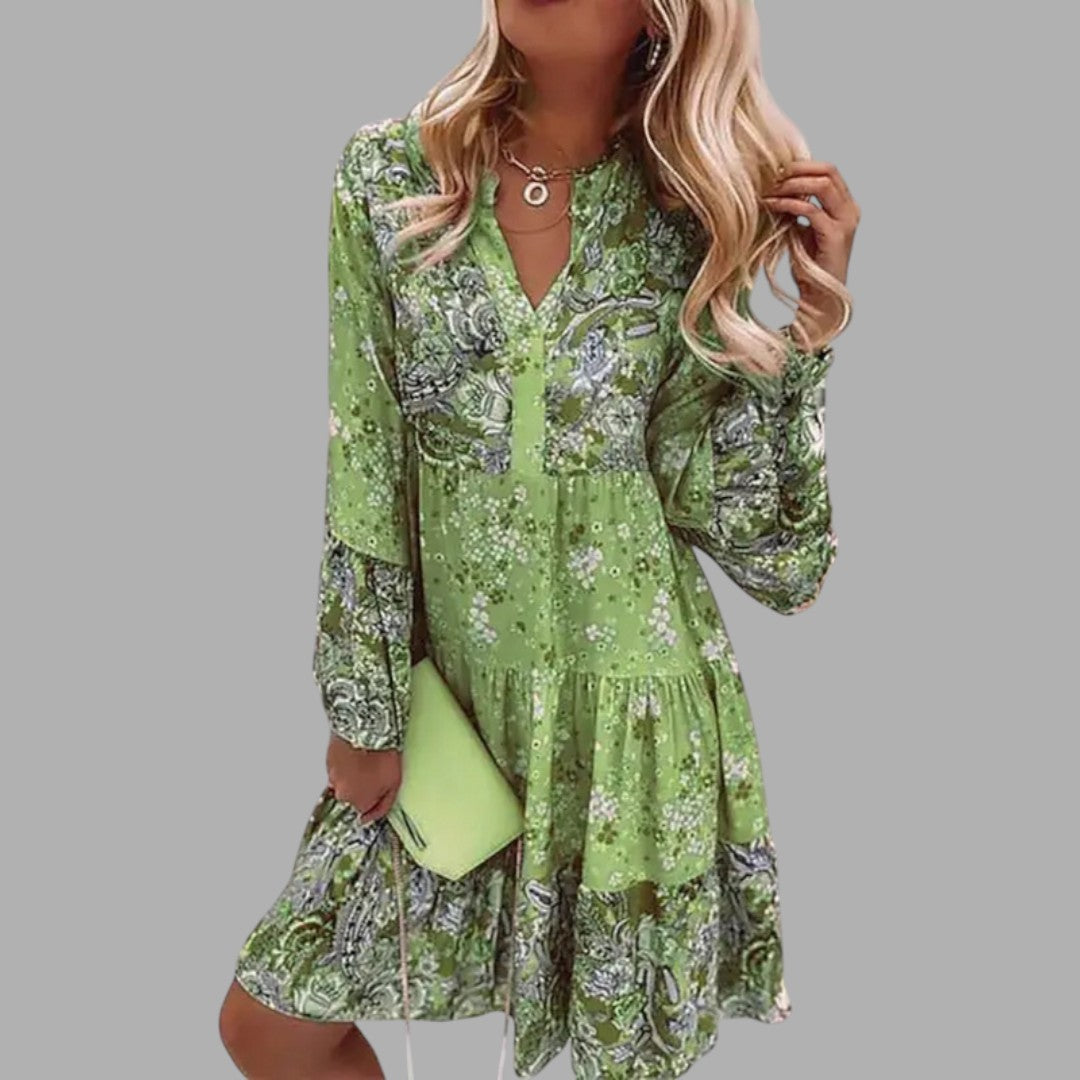 Feminine floral print midi dress, elegant occasion wear for women. Perfect stylish spring/summer semi-formal look.