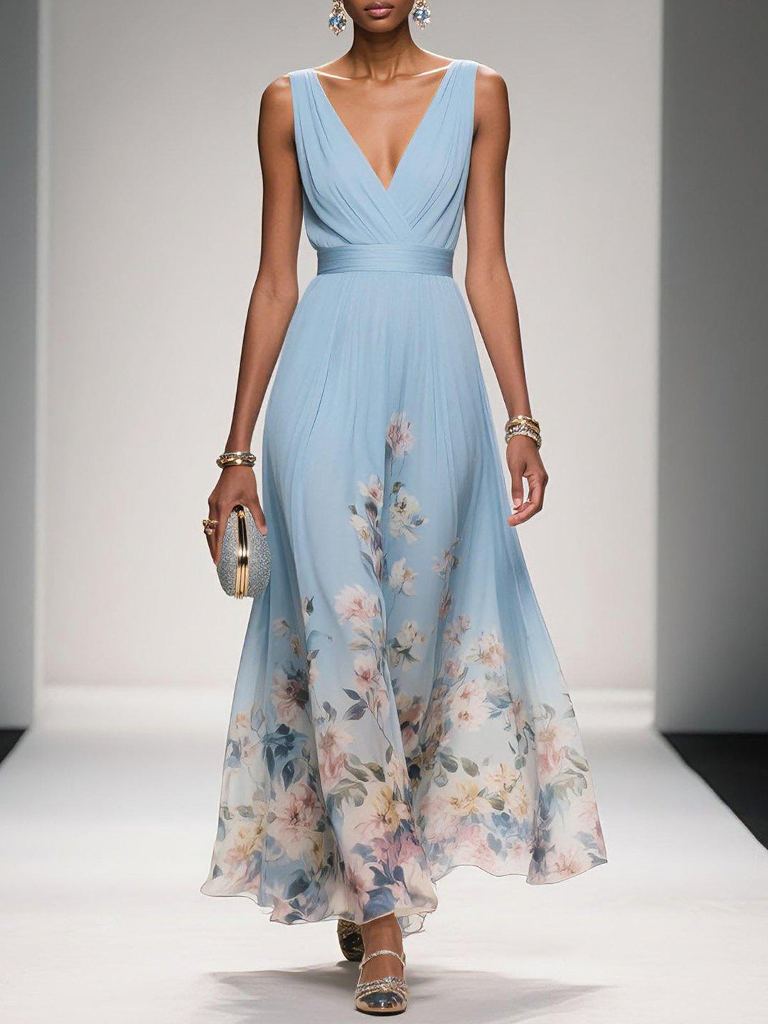 Elegant women's floral midi dress with a deep V-neck, perfect for spring/summer occasions.