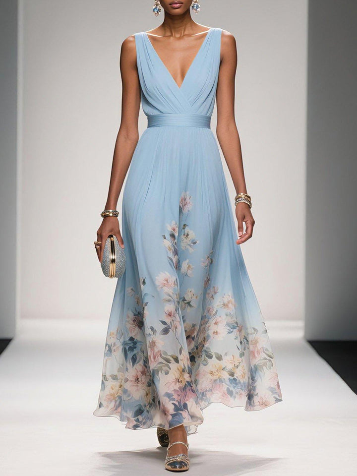 Elegant women's floral midi dress with a deep V-neck, perfect for spring/summer occasions.