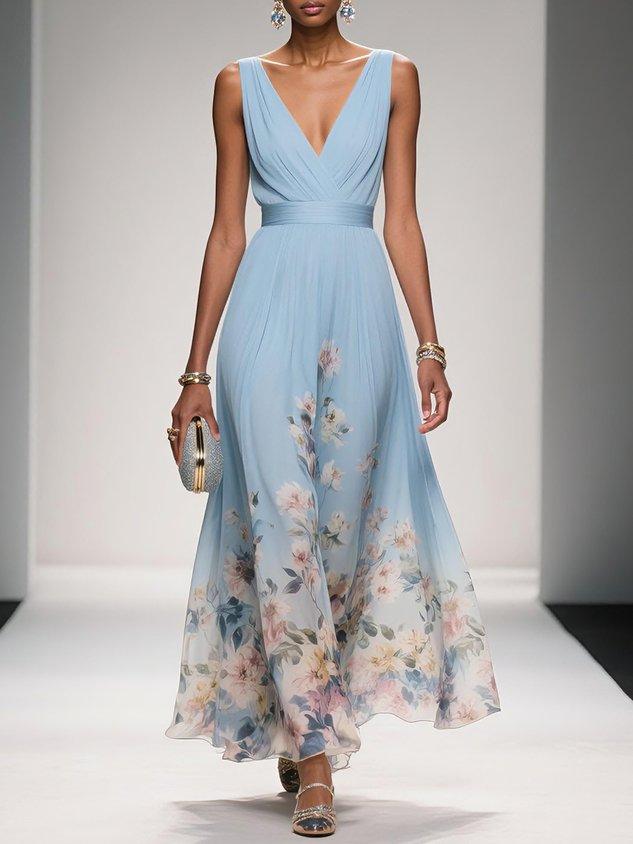 Feminine women's floral V-neck midi dress, perfect for elegant summer outings and celebrations.
