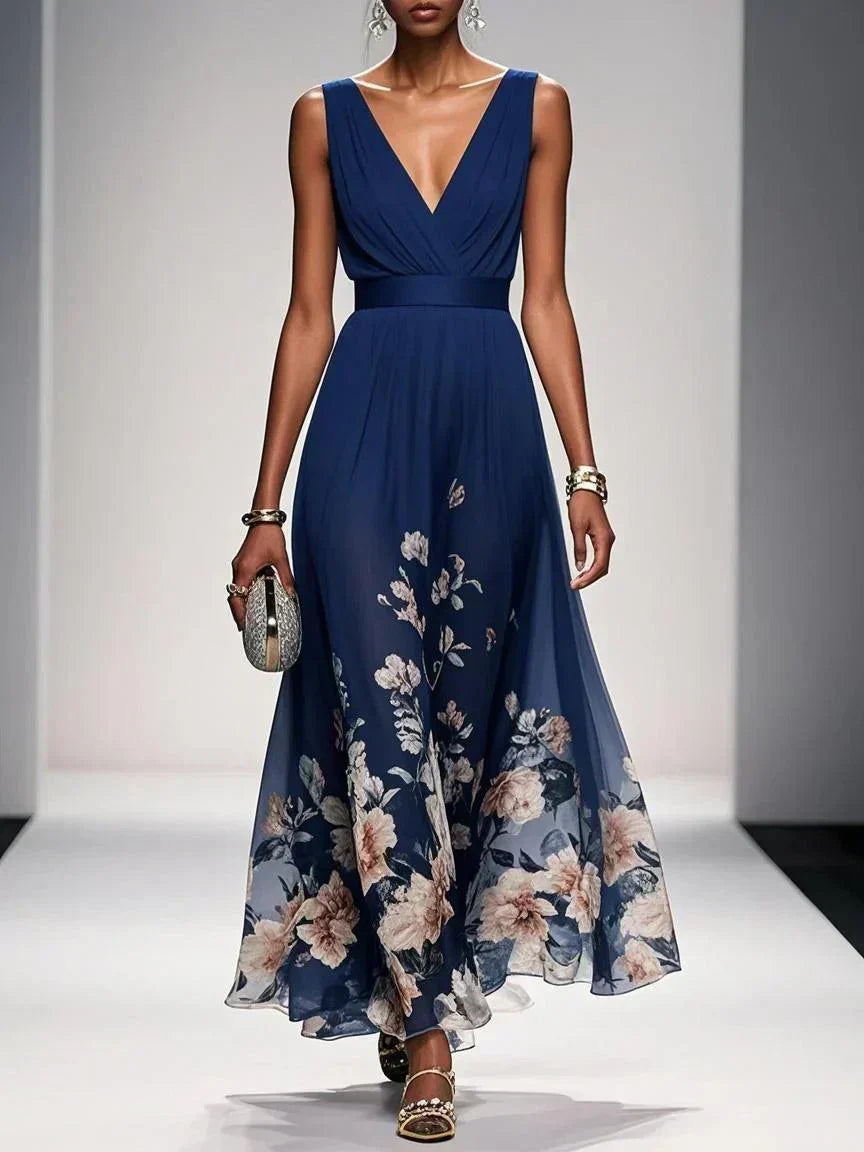 Chic women's floral print midi dress featuring a flattering deep V-neck and flowy silhouette.