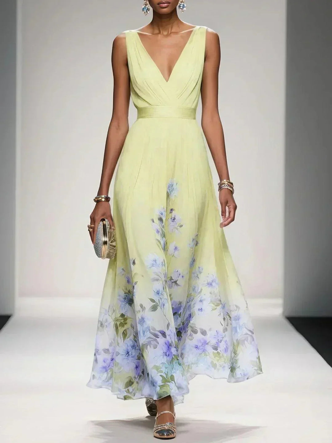 Stylish women's floral V-neck midi dress, ideal for wedding guests, parties, or elegant summer events.