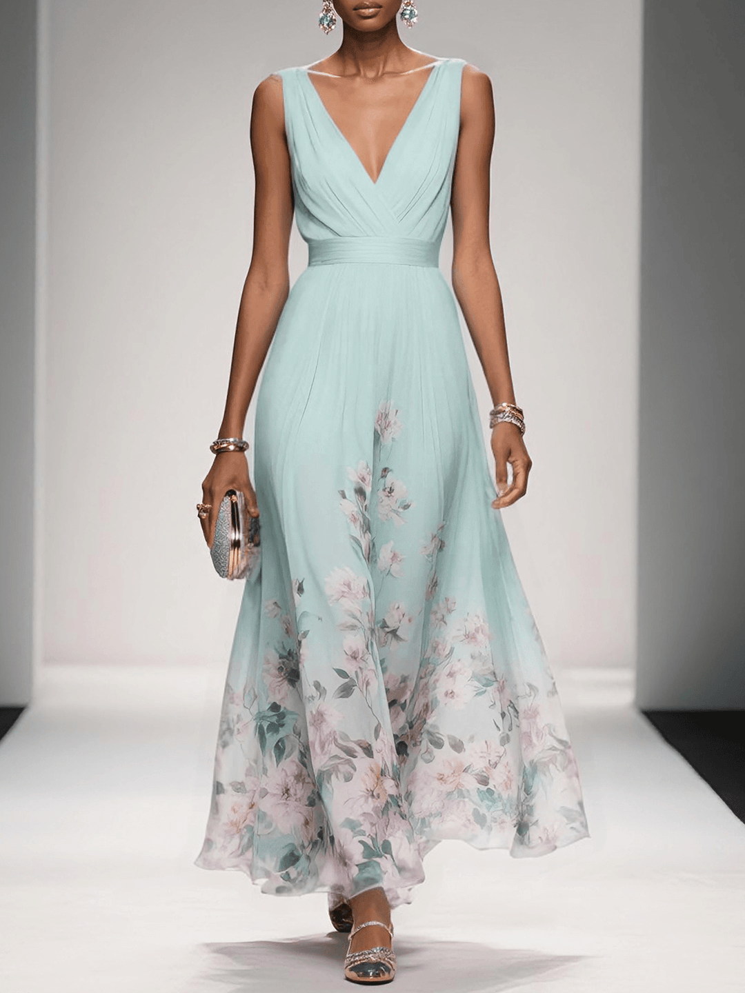 Comfortable women's floral midi dress with a deep V-neck, designed for sophisticated occasion wear.