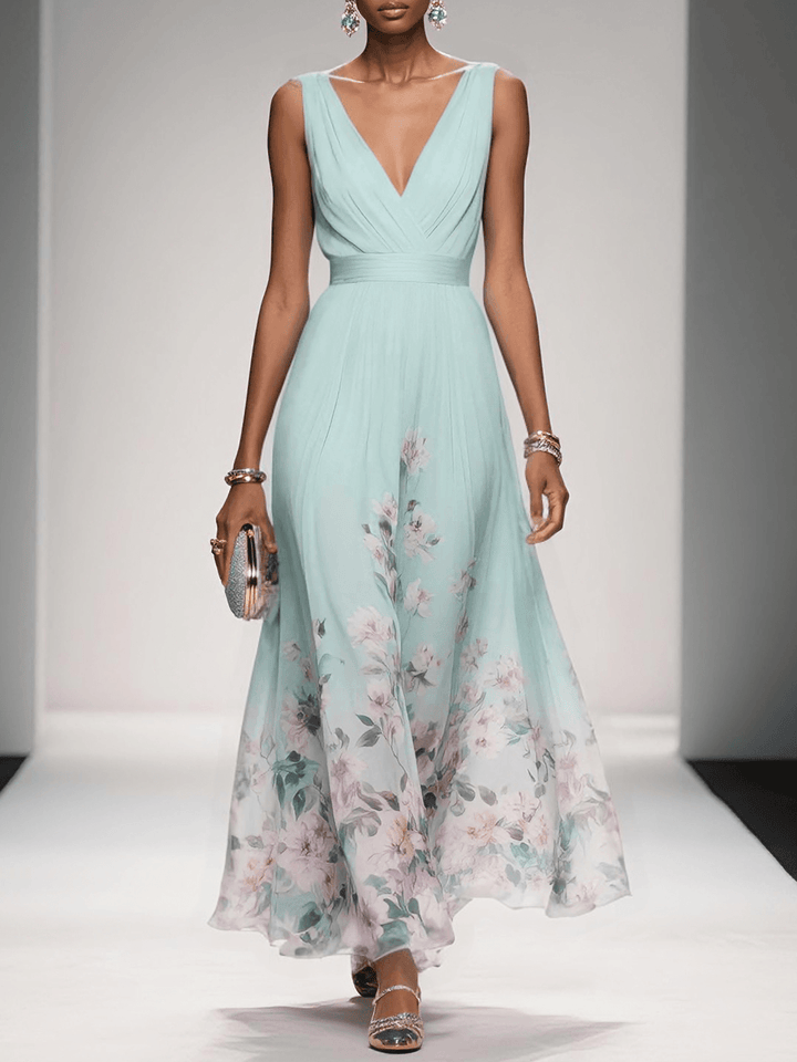 Comfortable women's floral midi dress with a deep V-neck, designed for sophisticated occasion wear.