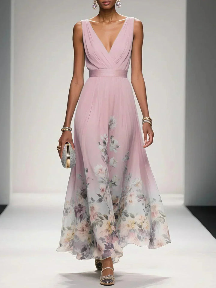 Beautiful women's floral pattern midi dress, showcasing a graceful deep V-neckline.