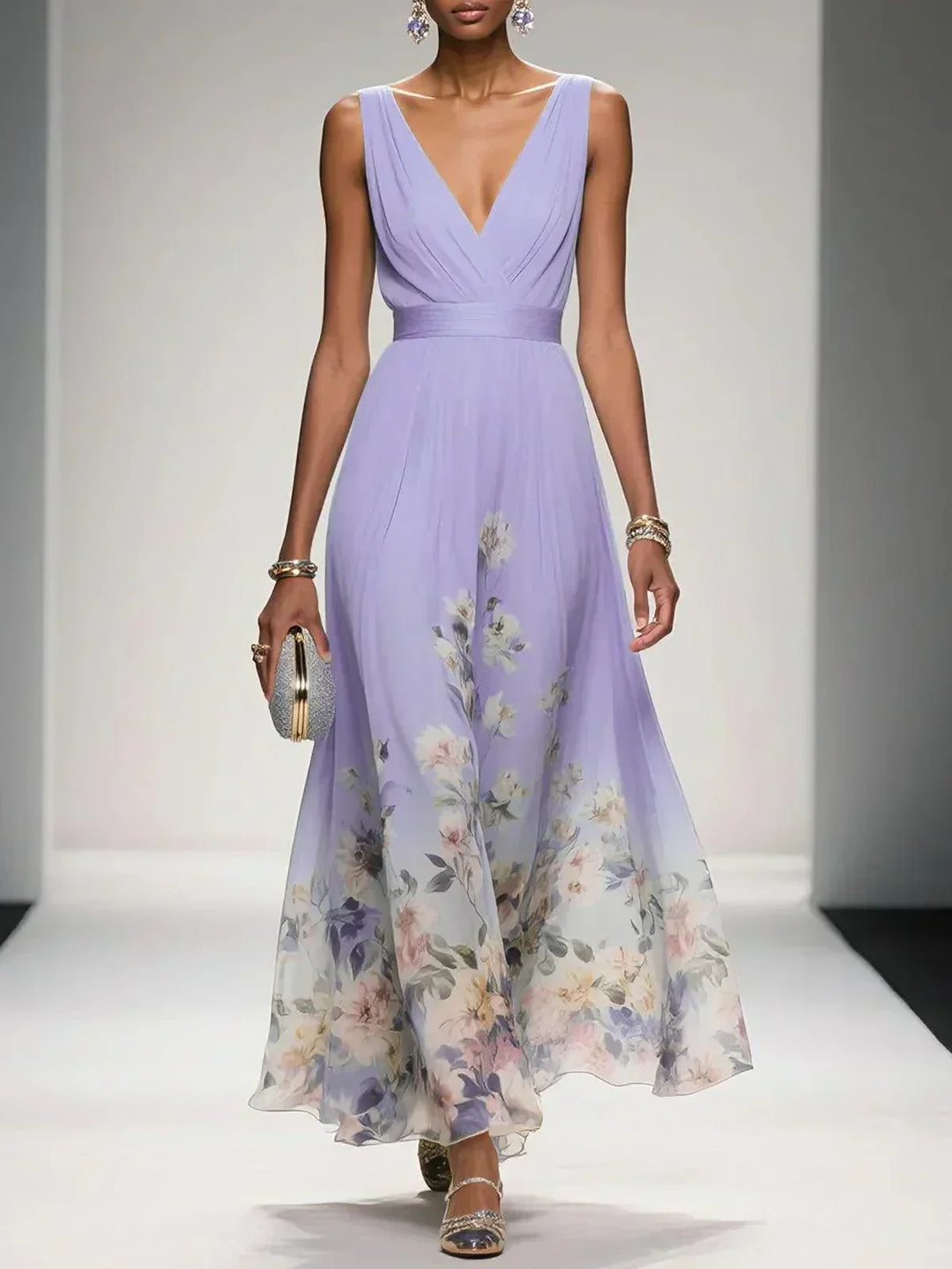 Elegant women's mid-length floral dress with a deep V-neck, a sophisticated choice for any event.