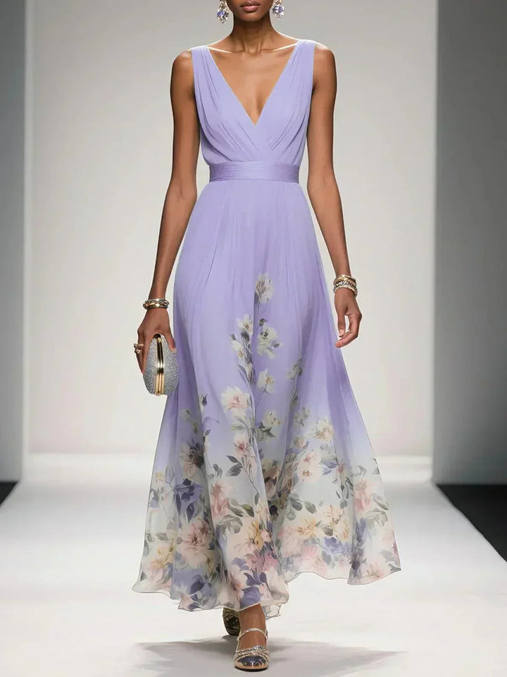 Elegant women's mid-length floral dress with a deep V-neck, a sophisticated choice for any event.