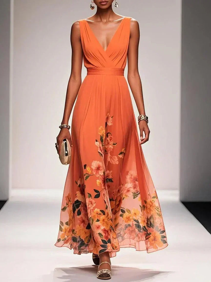 Women's Elegant Floral Deep V-Neck Midi Dress, perfect for summer parties or wedding guest attire.