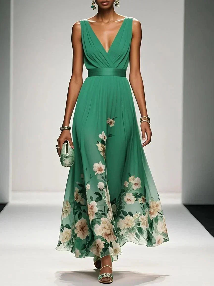Flowy women's floral midi dress with a deep V-neck, offering comfort and style for special occasions.
