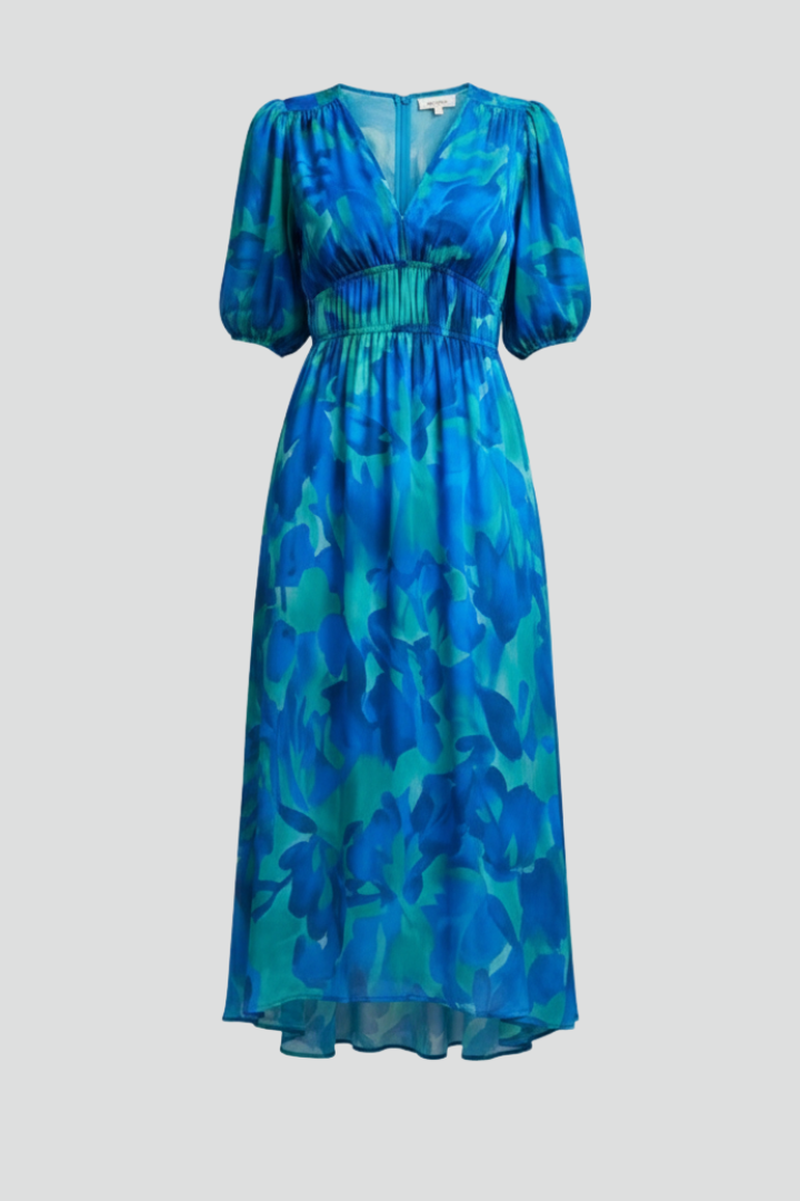 Elegant women's floral midi dress with puff sleeves, perfect for spring/summer fashion & events.