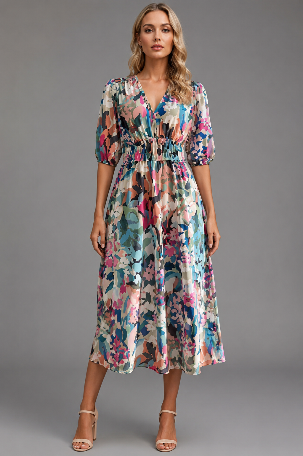 Sophisticated women's V-neck floral midi dress, showcasing elegant puff sleeves and a beautiful print.