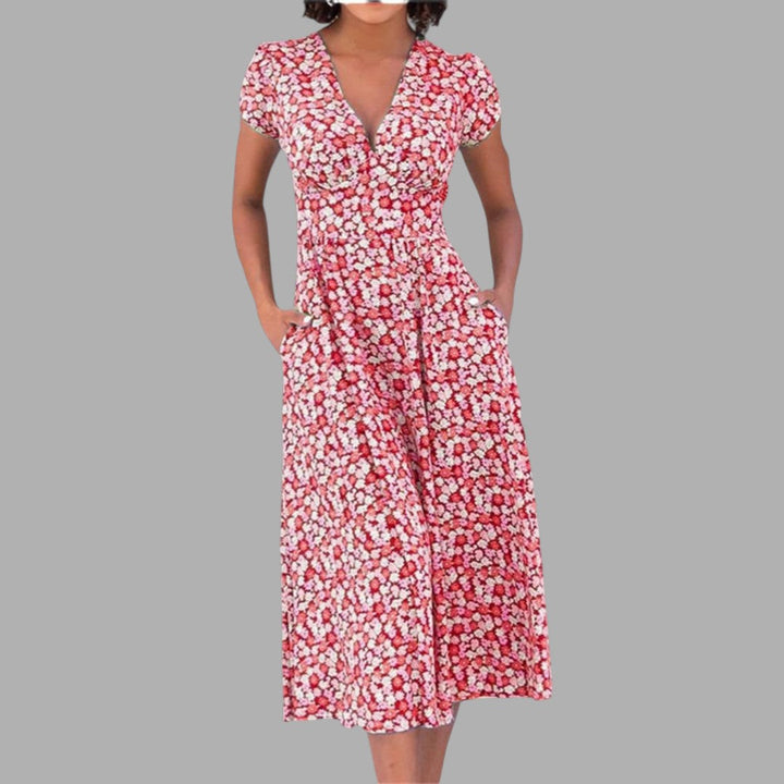 Stylish feminine floral midi dress, featuring a V-neck and pockets, ideal for casual elegant summer wear.