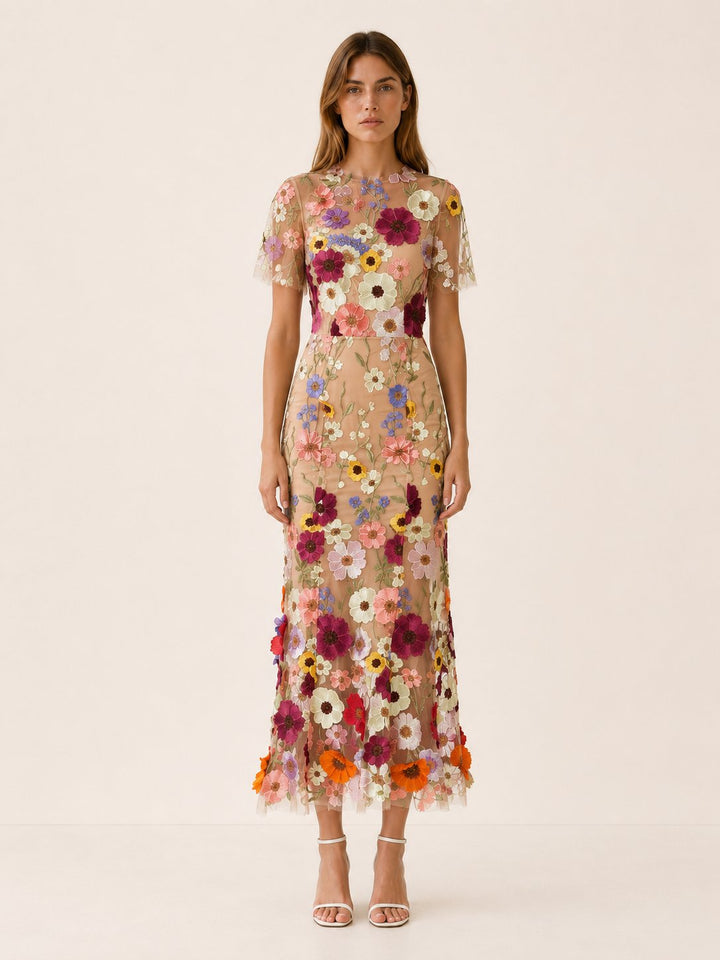 Stylish short sleeve round neck floral midi dress for women, offering an elegant and comfortable fit.
