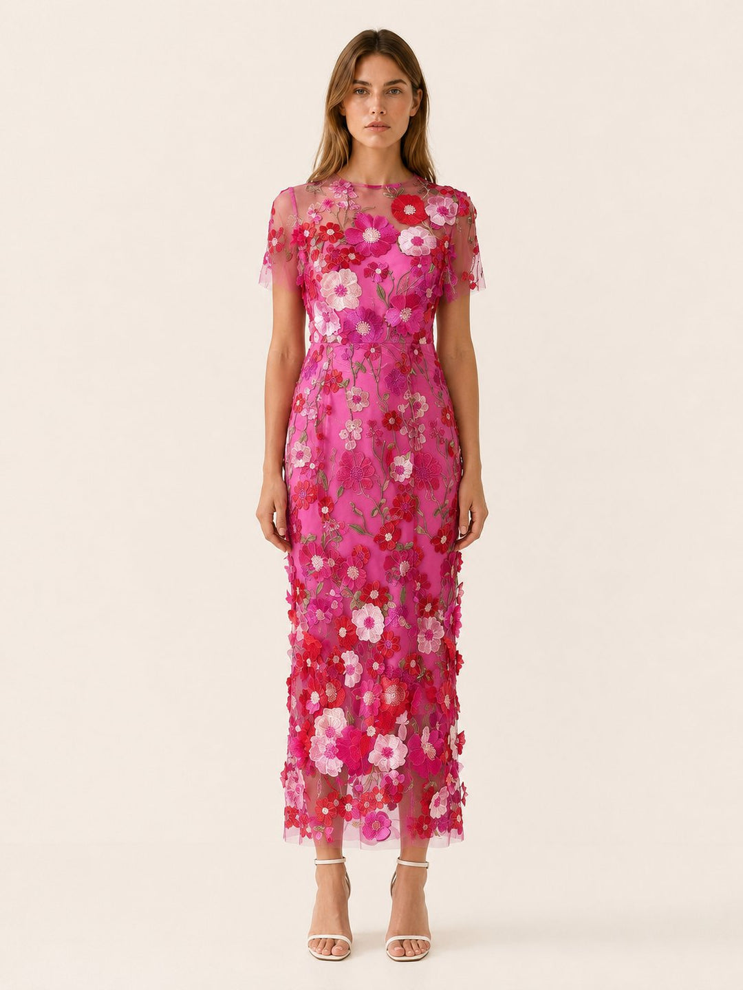 Formal women's floral midi dress, an elegant short sleeve option for wedding guests & special occasions.