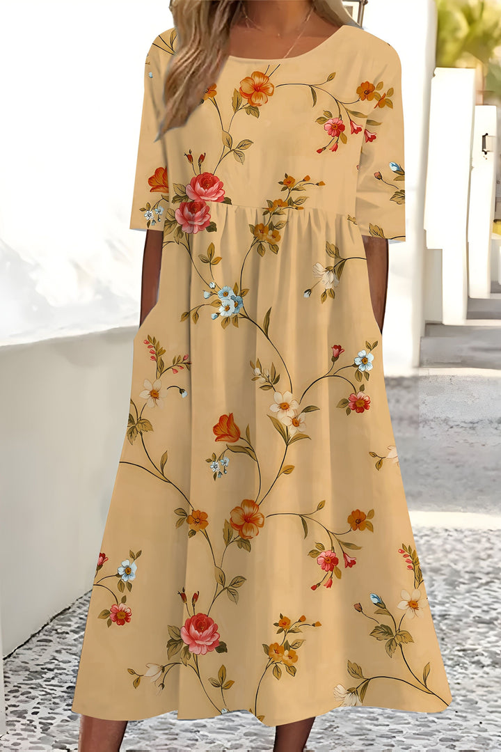Elegant women's floral midi wrap dress with a flattering silhouette, perfect for summer parties or day wear.