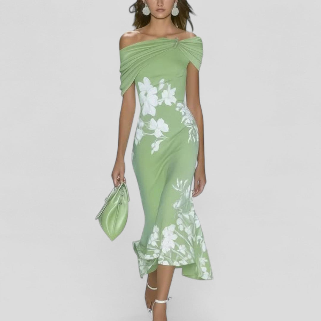Elegant women's floral off-shoulder bodycon midi dress, perfect for wedding guests, parties, or summer occasions.