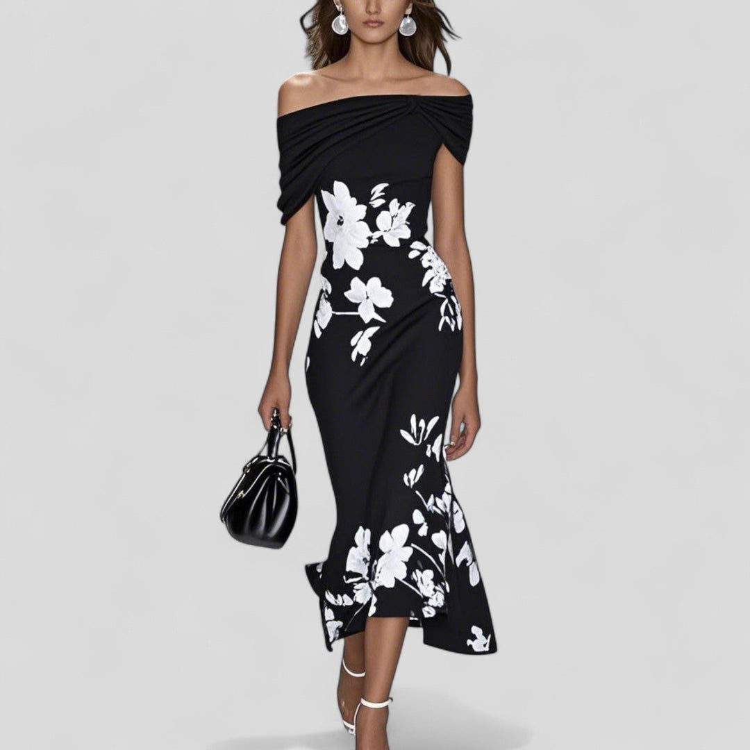 Chic women's floral off-shoulder midi bodycon dress. A stunning elegant choice for wedding guests & evening wear.