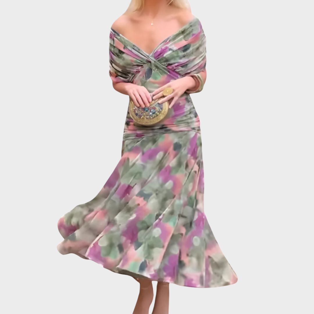 Elegant women's floral off-shoulder maxi dress with long sleeves. Perfect for formal evening events & parties.
