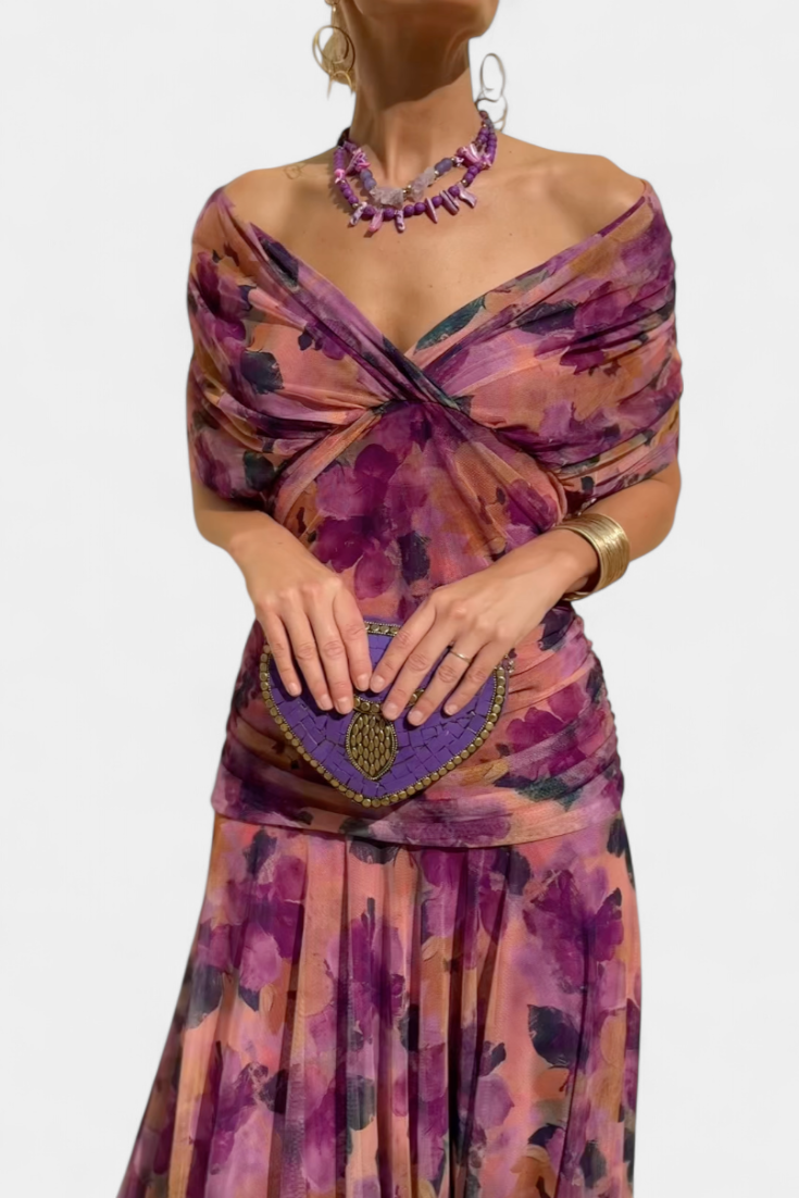 Stunning women's floral off-shoulder long sleeve maxi dress, perfect as a party dress or evening gown.
